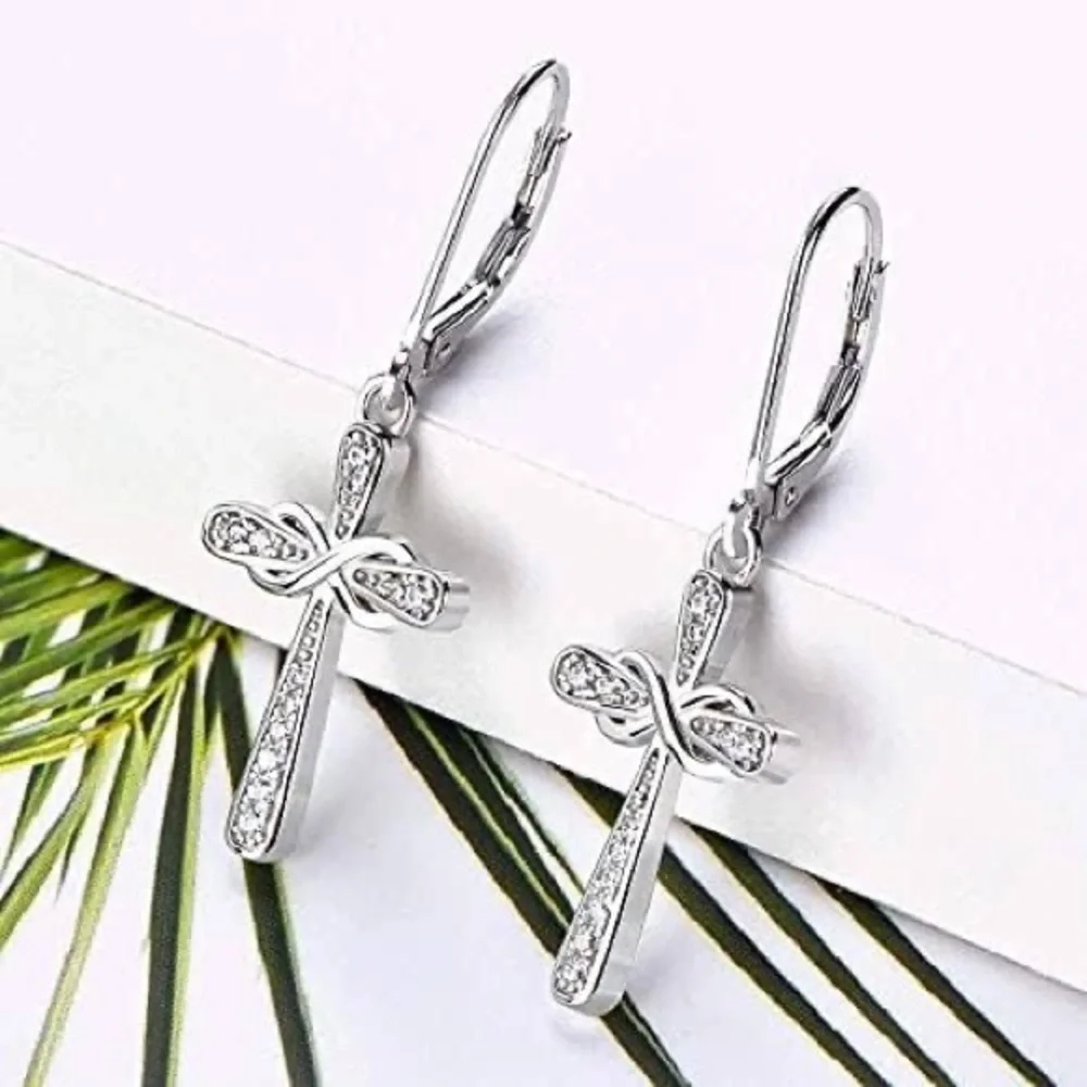 New Woman’s Sterling Silver Infinity Crucifix Cross White Sapphire Earrings